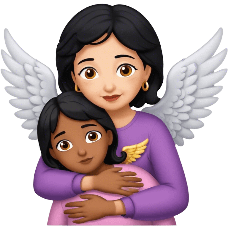 Abuela con pelo negro y alas abrazando niña morena emoji