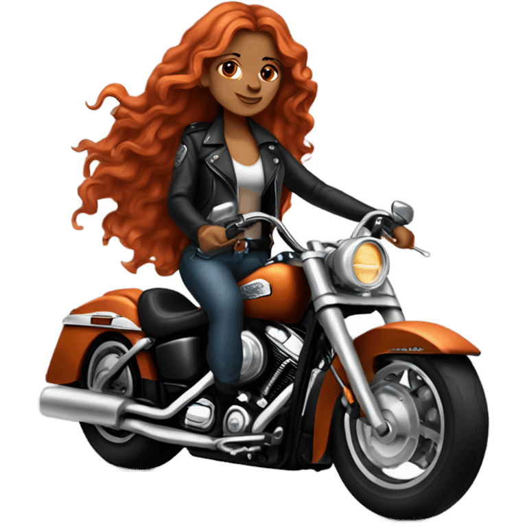 Very tan long red wavy hair riding her Harley Davidson motorcycle in her leather emoji