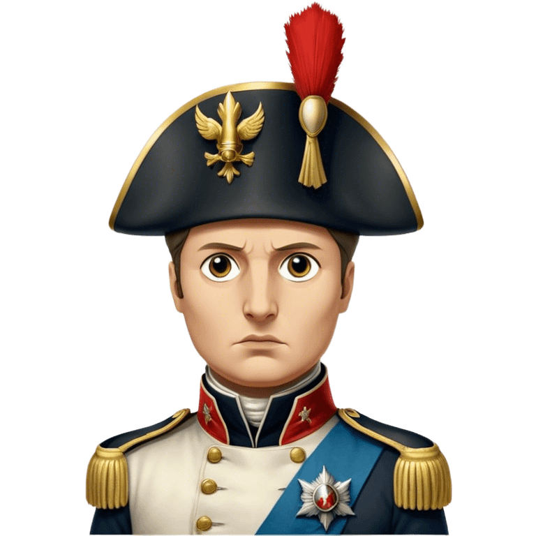 Cinematic Realistic Napoleon Bonaparte Portrait Emoji, depicted as a commanding military leader with a determined gaze and iconic bicorne hat, rendered with dramatic textures and bold historical lighting that captures his imperial legacy. emoji