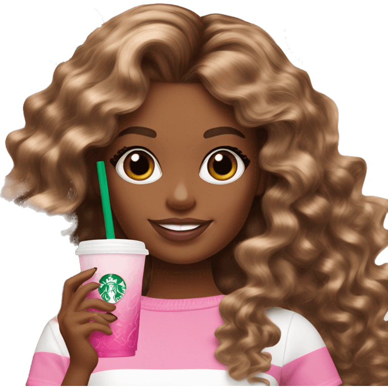 Barbie girl with brown and blonde ombré long curly hair holding Pink starbucks refresher emoji