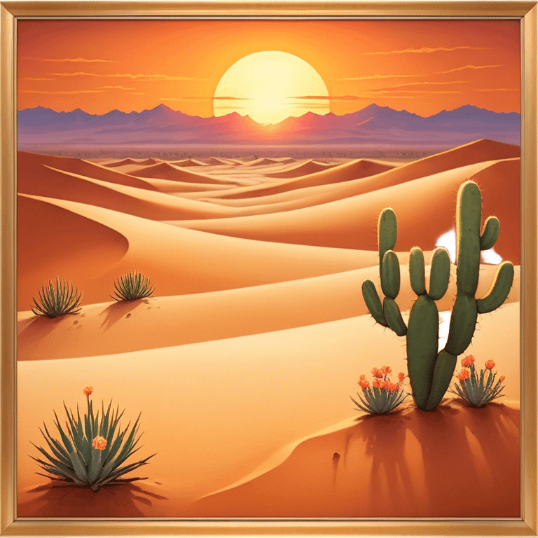 Cinematic Realistic Desert Emoji in a frame, Expansive and arid, with vast stretches of golden sand dunes and scattered cacti, the sun casting a warm, almost orange glow over the dry, cracked earth. The horizon blurs into a heat shimmer, while the occasional desert flower adds a splash of color to the barren landscape. Soft glowing outline, capturing the essence of the harsh yet stunning beauty of the desert, calm and quiet, filled with silence and mystery. emoji