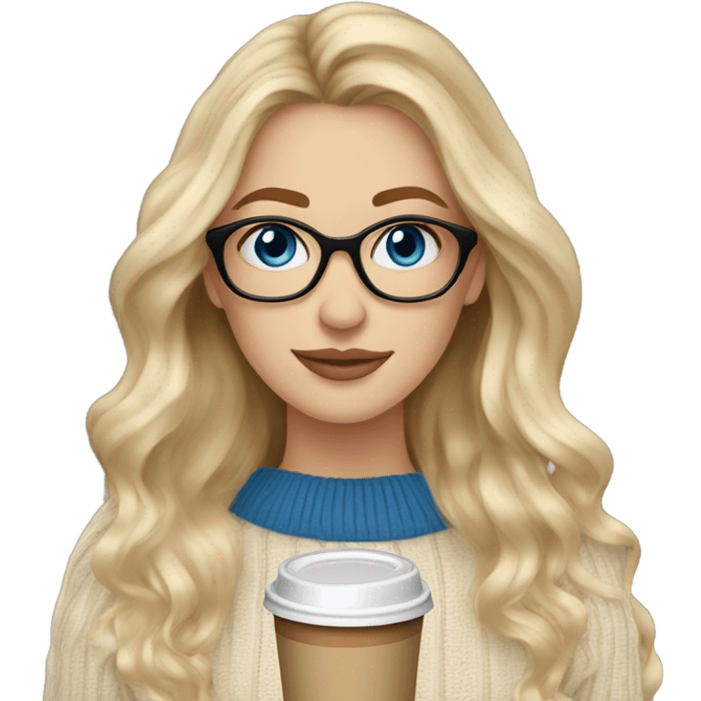 Blonde balayage long hair white women beige sweater blue eyes and small glasses holding coffee emoji