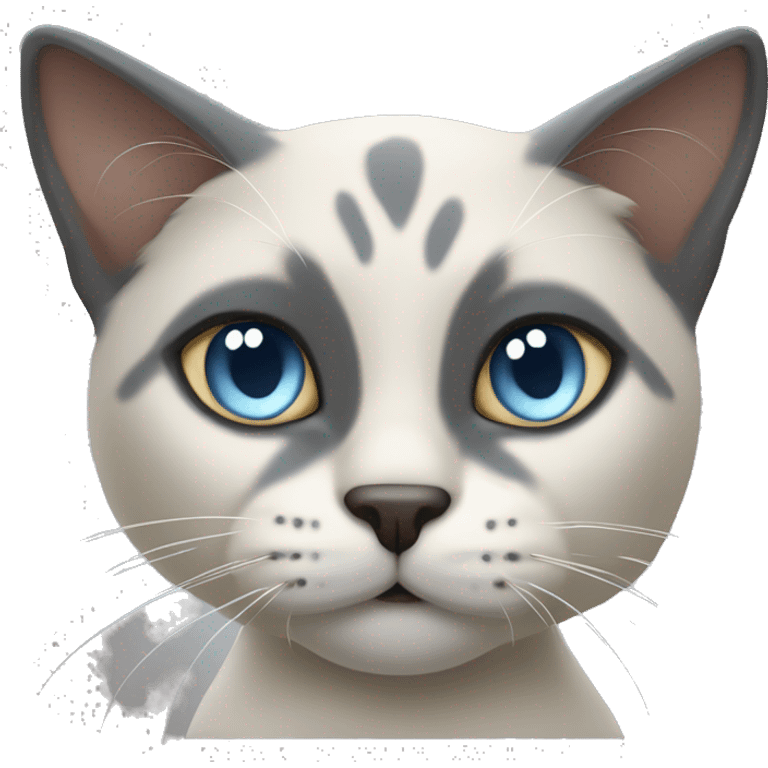 Thai breed cat with a  cream body, dark gray face, ears, and paws. Short fur, sharp ears, and striking light blue eyes with an intense gaze. emoji