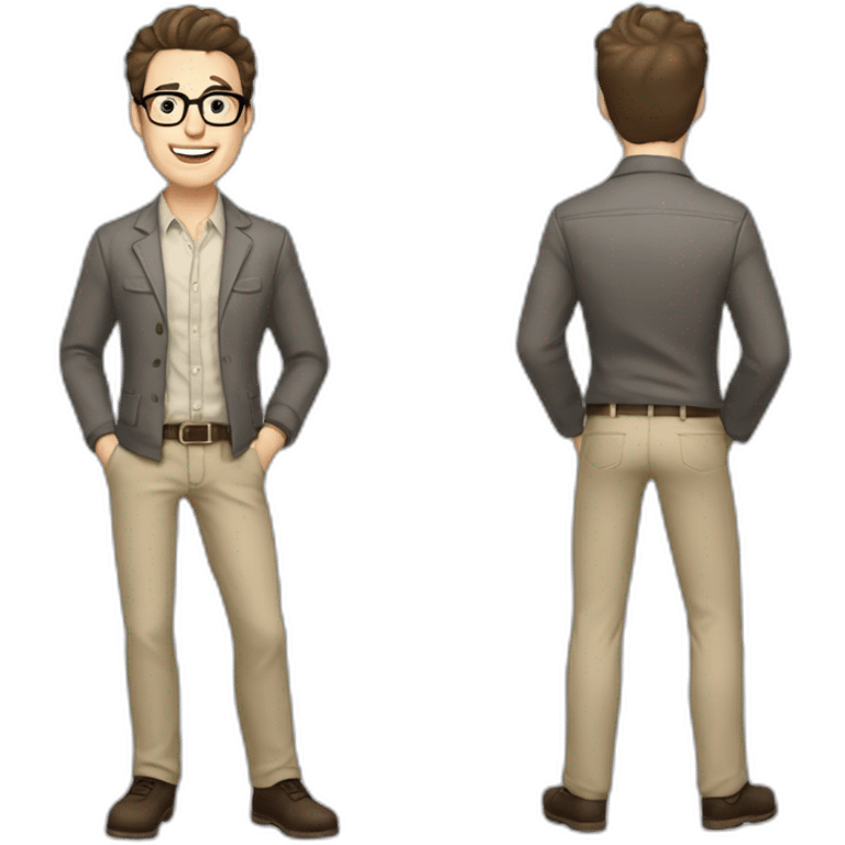 Joyful Full height Pale skinned Fit Man With dark brown hair in gray jacket, beige office shirt, Brown pants and vintage glasses. His thrumbs up emoji