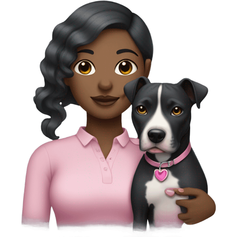 Black lady with black hair hugging all grey pitbull with pink collar emoji