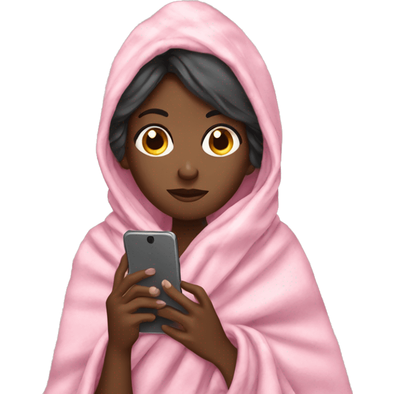 Black girl wrapped in blanket while using phone emoji