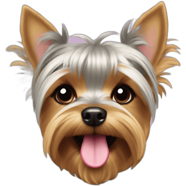 yorkshire terrier with grey hair with the tongue and two little pink hai-rbow on the head emoji