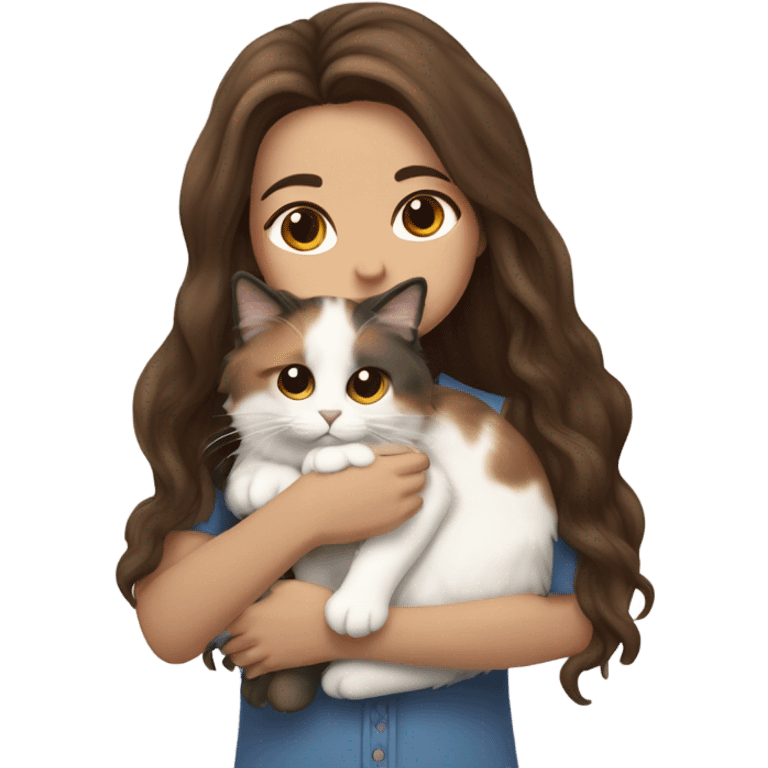 brunette girl with long wavy hair snuggling Calico ragdoll cat emoji