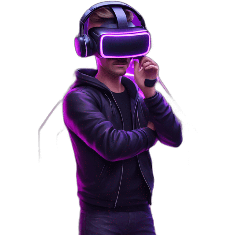 Russian man wearing a black hoodie with "OMG" letters on it and VR headset in a cyberpunk VR environment with violet neon lighting. emoji