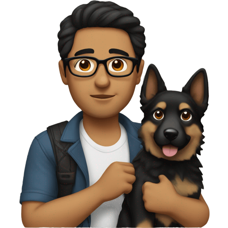 a Mexican man with black hair and glasses holding a German Shepard  emoji