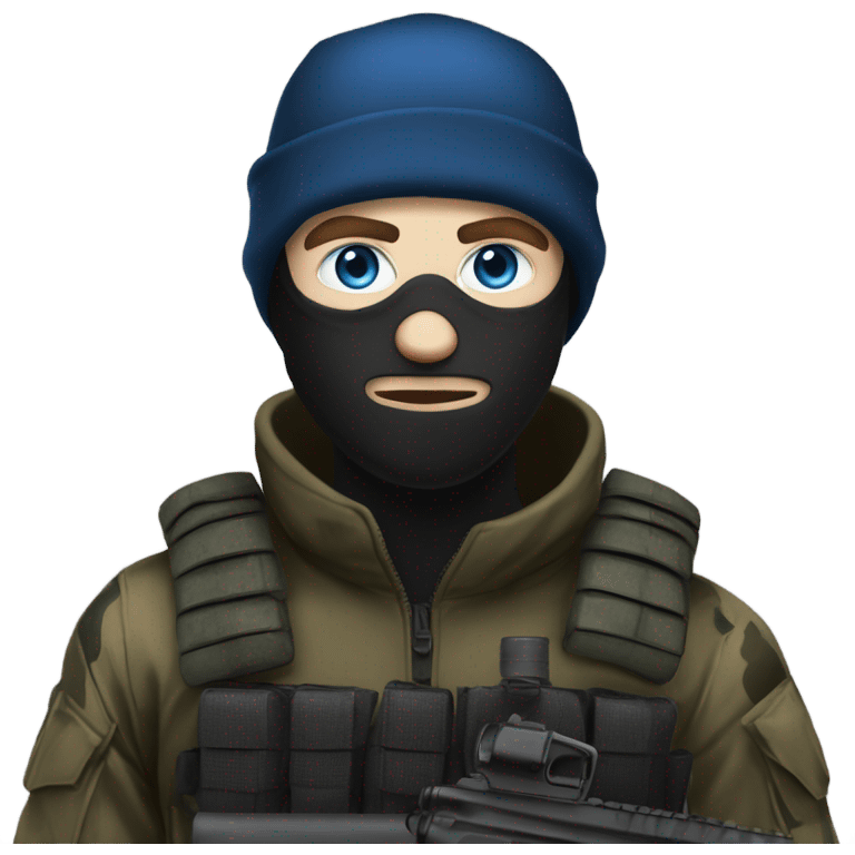 male, pale skin, face mask, camo tactical gear, combat boots, black beanie, blue eyes emoji