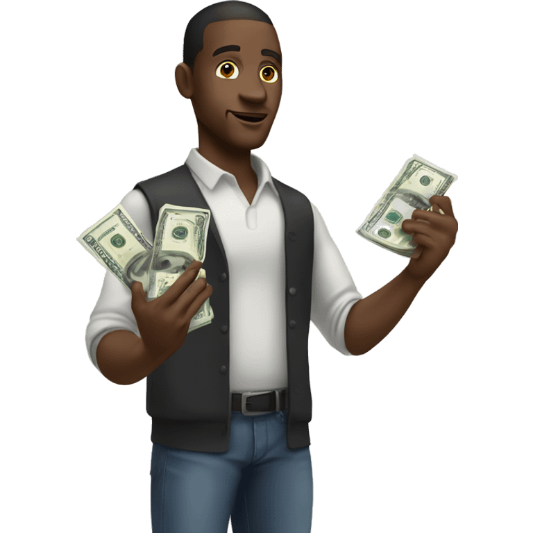 black man holding iphone 15 and money in the other hand emoji