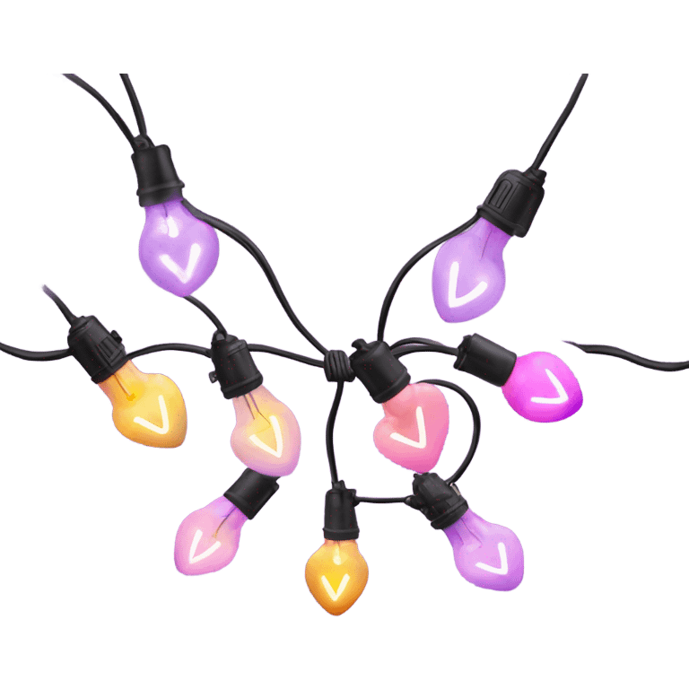 Realistic string lights with pink and purple bulbs in the shape of a heart and a power plug in on the end of the lights. emoji