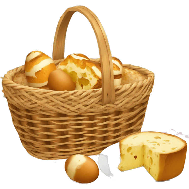 picnic basket with panettone, willow, easter eggs, with napkin  emoji