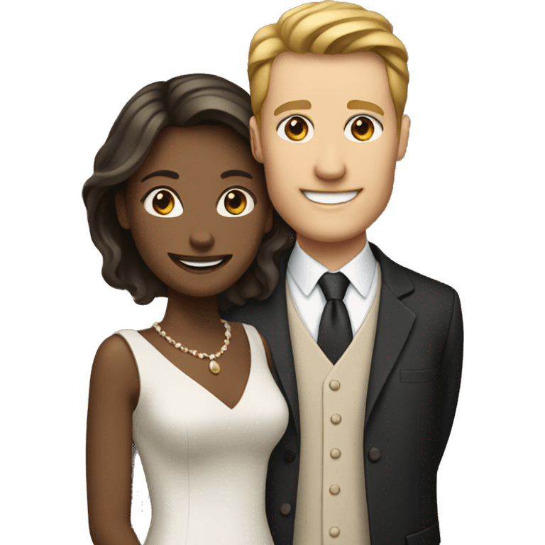 smiling couple in formal wear woman is white man is brown emoji