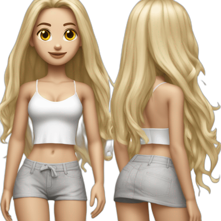 hyperrealist caucasian long straight hair blonde brown eyes white bikini top gray tight mini skirt black sneakers full body emoji