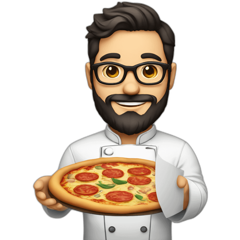 Dark haired 30 years old chef with beard and big glasses proudly holding a pizza emoji