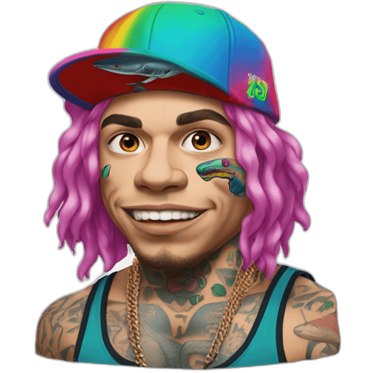 rapper 6ix9ine with face tattoos 69 with multi-colored hair  holds a double cap with a shark in his arms emoji