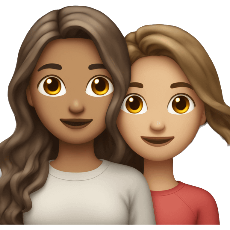 Straight Hair brunette and wavy hair light brunette with higlights hugging each other emoji