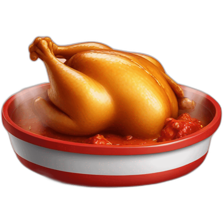 a perfectly cooked chicken in a red dish, smoking because it's hot. emoji