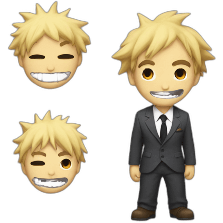 Denji with his blond hair in a shaggy style, brown eyes, with his shark teeth, is smiling evil and with a shirt with a black tie from chainsawman emoji