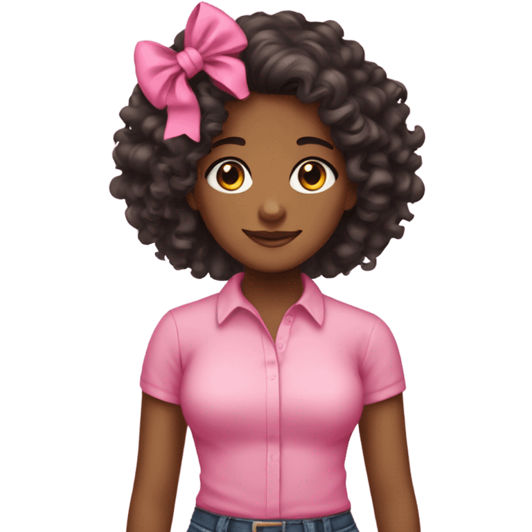 brownskin girl with curly black hair pink shirt and pink bow emoji