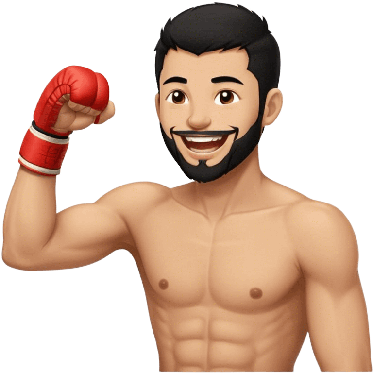 Minimal emoji of a guy, Trimmed beard, medium-length black hair, short sides, hair forward, muay thai fighter laughing. Profile Detail emoji