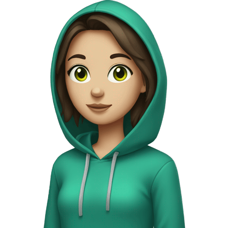 brunette girl with green eyes in a blue hoodie emoji