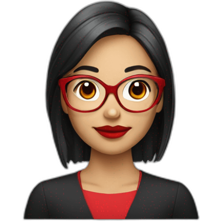 Young woman asiatic teacher, black square hairs, red glasses, red lipstick, red dress, black eyes emoji