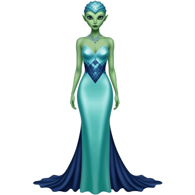 alien reptilian green skin woman, in long slim pastel blue formal party satin dress with gradient shiny sparkling navy blue diamonds embroidered  emoji