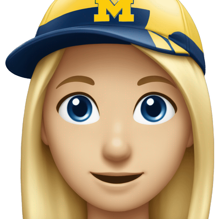 Blonde girl with blue eyes smiling wearing University of Michigan ball cap emoji