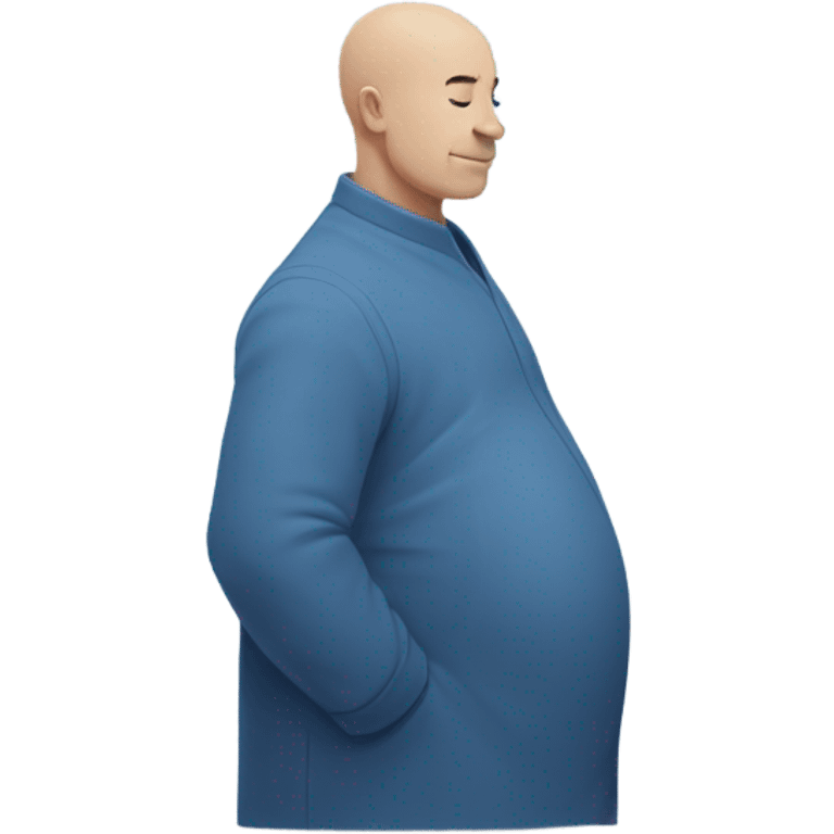 a blue man with a stoic expression , pregnant, rubbing his belly. Bald. Side profile like the pregnant male emojji, cartoonishly simple face. slightly dark blue colored face emoji