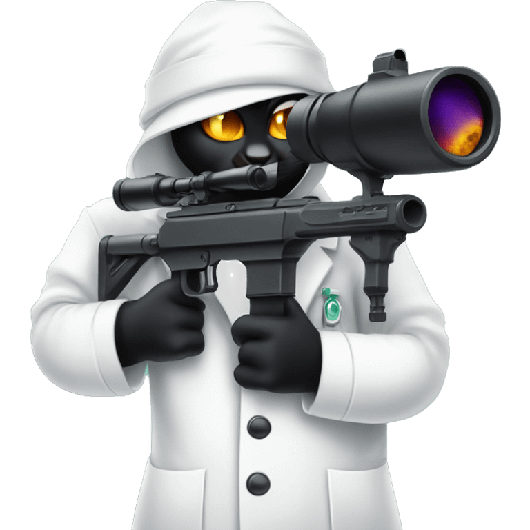 Black cat wearing lab coat through scope of sniper rifle  emoji