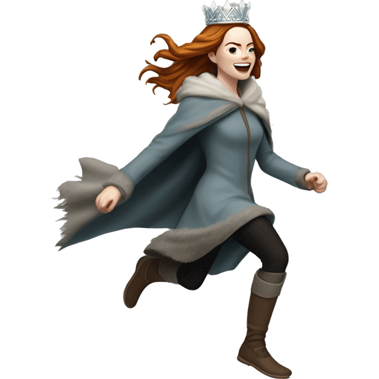 Emma Stone running, with a large stride and arms outstretched, wearing an icicle crown and winter cloak, long hair emoji