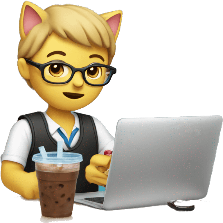 Marketing team member(visual is cat) working while drinking iced coffee emoji