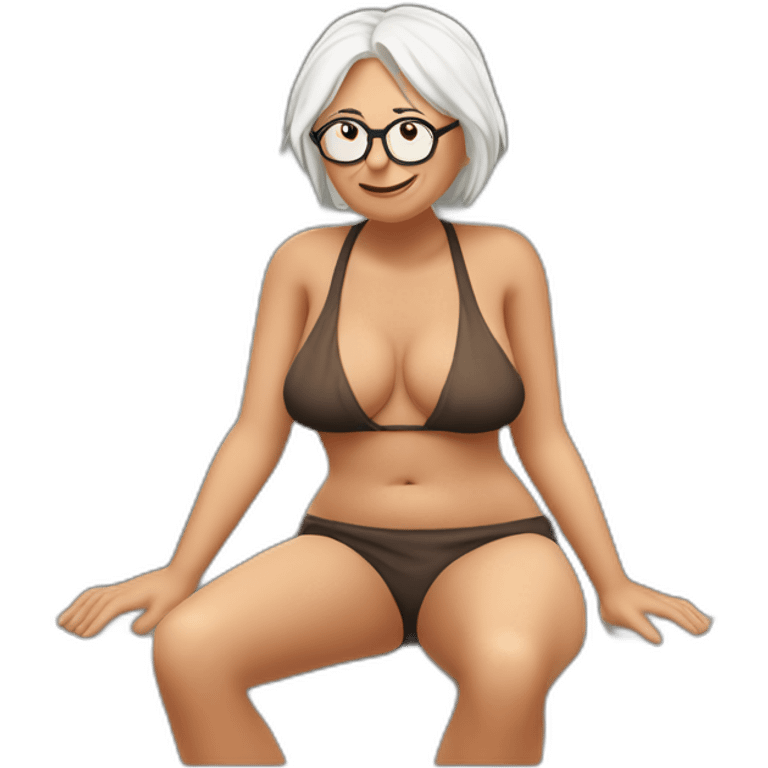 bernie sanders wearing string bikini top and a skirt sitting acting out that scene from basic instinct sitting facing forward legs apart(full body, ios17) emoji