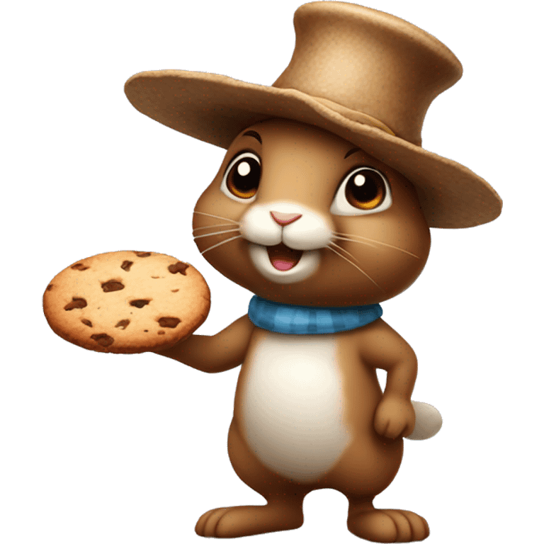 brown rabbit stands on two legs with hat and holding cookie emoji