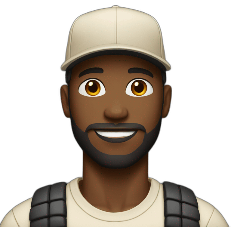 black guy with black baseball cap and cream tshirt. has a low trim beard emoji