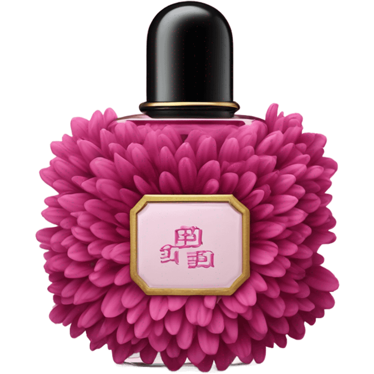 Aesthetic composition of dark pink chrysanthemums and an antique deep pink perfume bottle. emoji