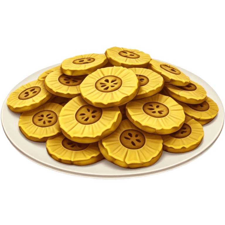 Patacones Cinematic Realistic Patacones Dish Emoji, depicted as crushed, crispy plantain discs, rendered with rich textures and dynamic, natural lighting. emoji