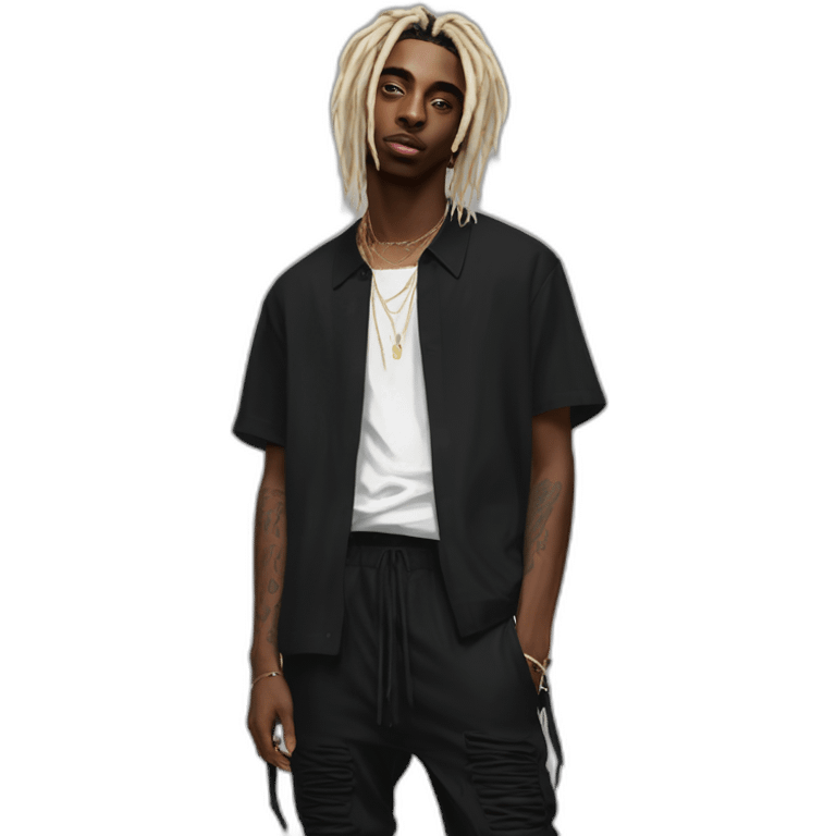 playboi carti blonde dreads with plain black shirt on with black pants and rick owens shoes on and also black durag emoji