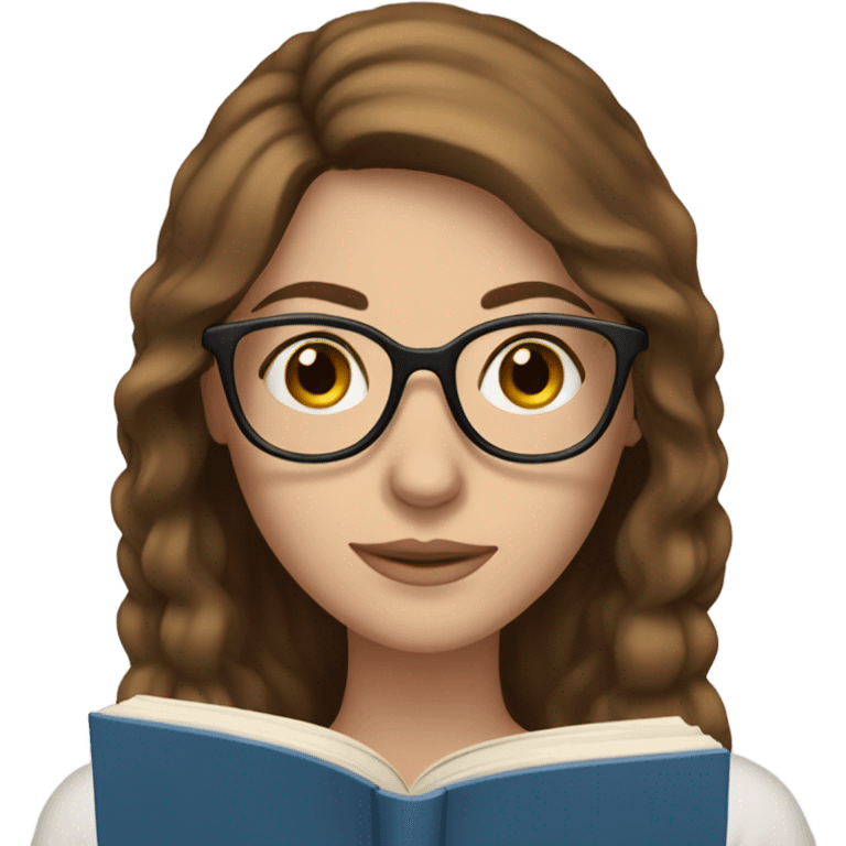 White woman with glasses, long brown hair and blue eyes reading a book emoji