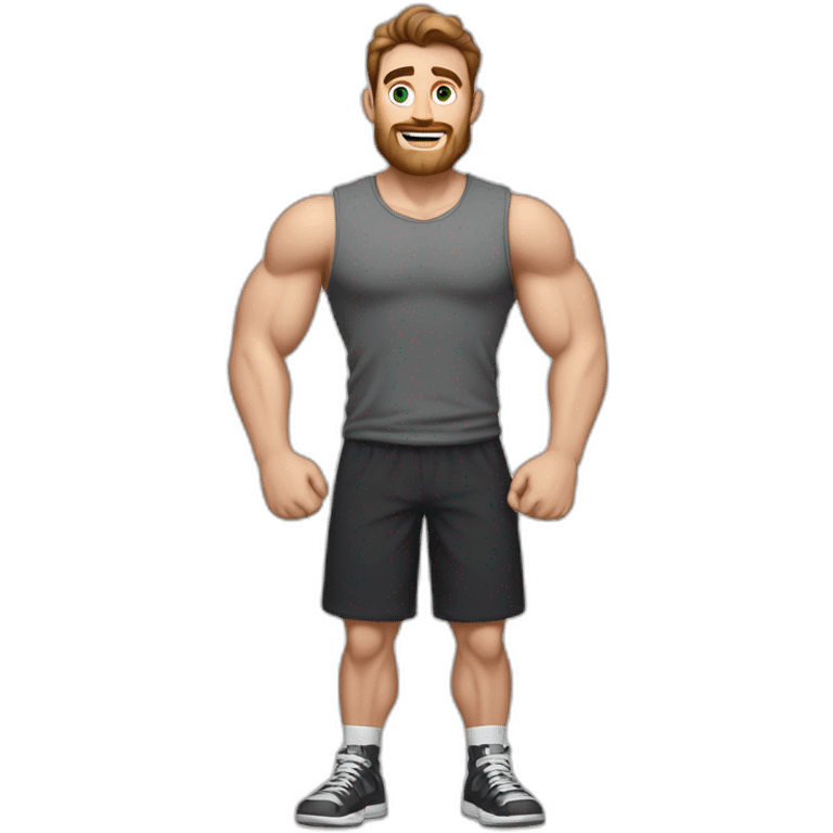 Full height Actively gesturing with hands Pale skinned Fit Man With the biceps and brown hair in dark gray Sleeveless Mike, black oversize sports shorts, watch and white Sneakers emoji