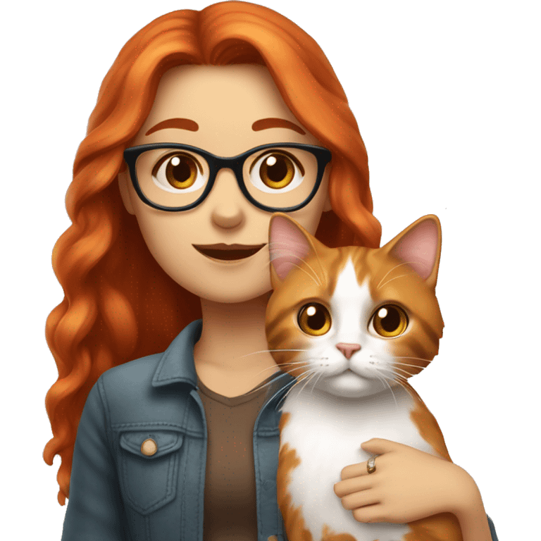 White skin Red head girl with glasses holding long-haired calico cat emoji