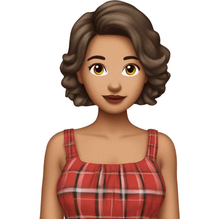 Pretty peach skin brunette woman with rosy cheeks in red plaid babydoll dress emoji