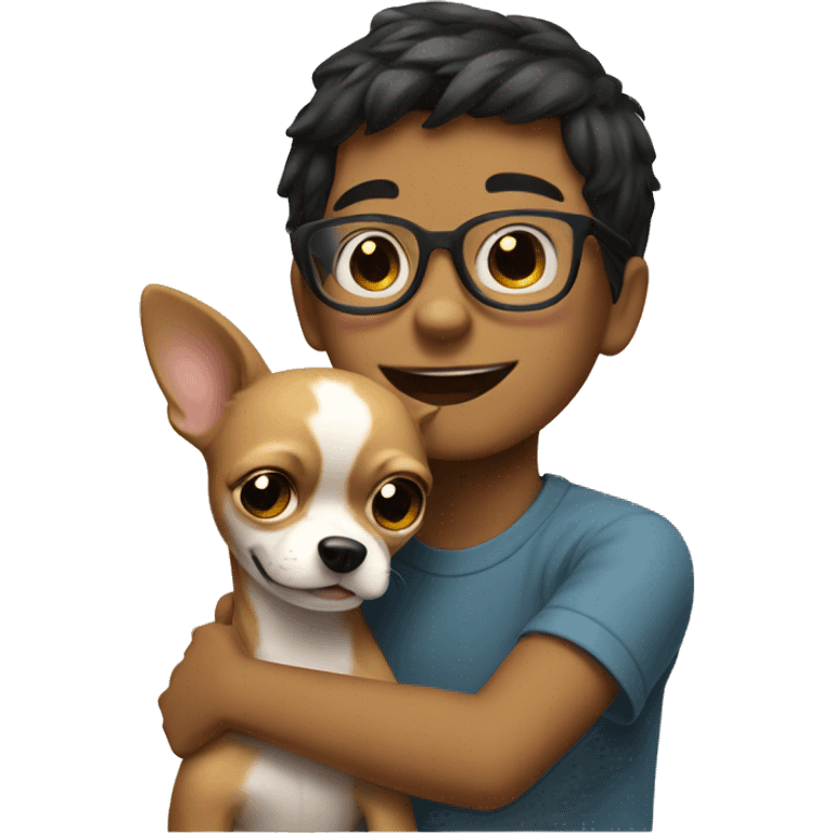 Boy with glasses hugging chihuahua emoji