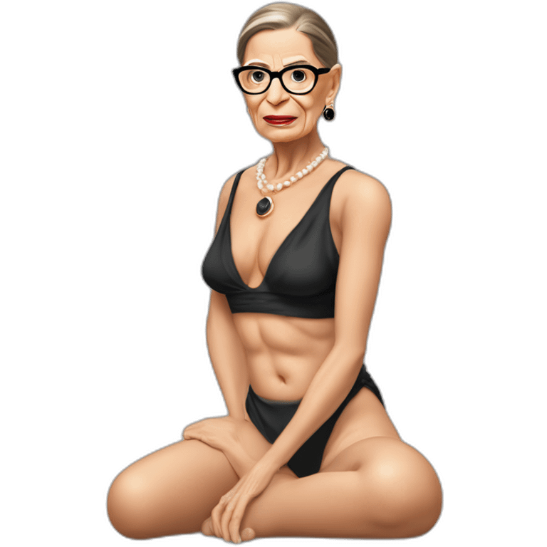 sexy ruth bader ginsburg wearing string bikini top and a skirt acting out that scene from basic instinct sitting facing forward legs apart(full body, ios17, sitting legs spread apart) emoji