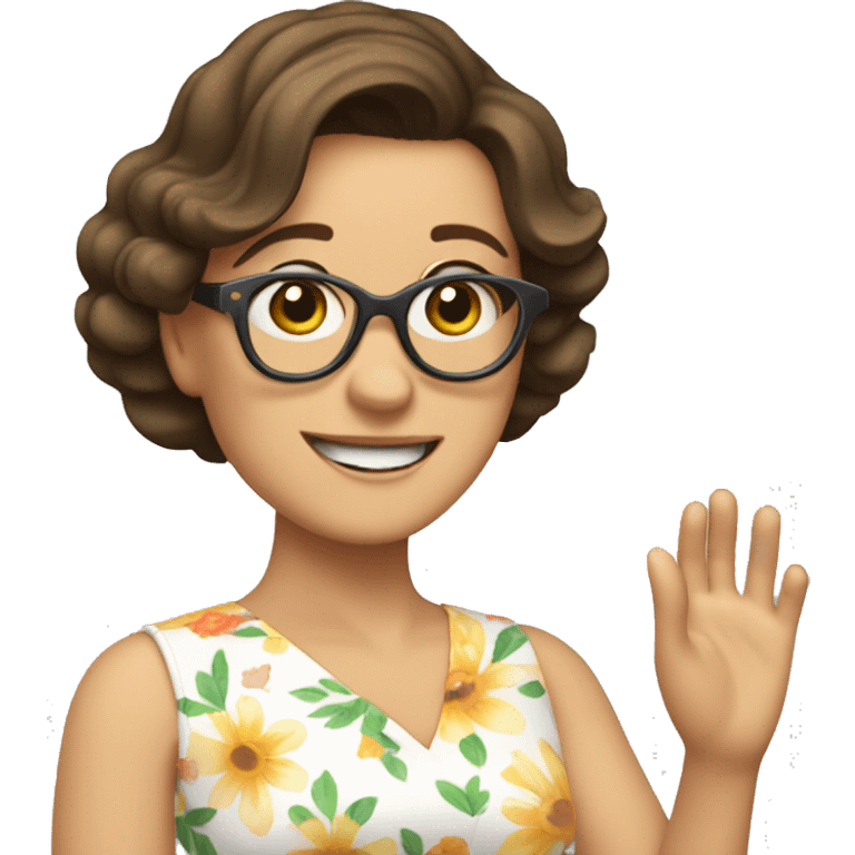 brunette white lady in flowery dress wearing glasses and waving  emoji