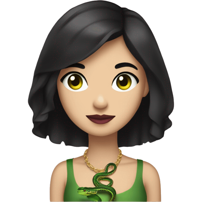 A girl with short black hair, bright green eyes and dark pink lips with a royal python in her hands emoji