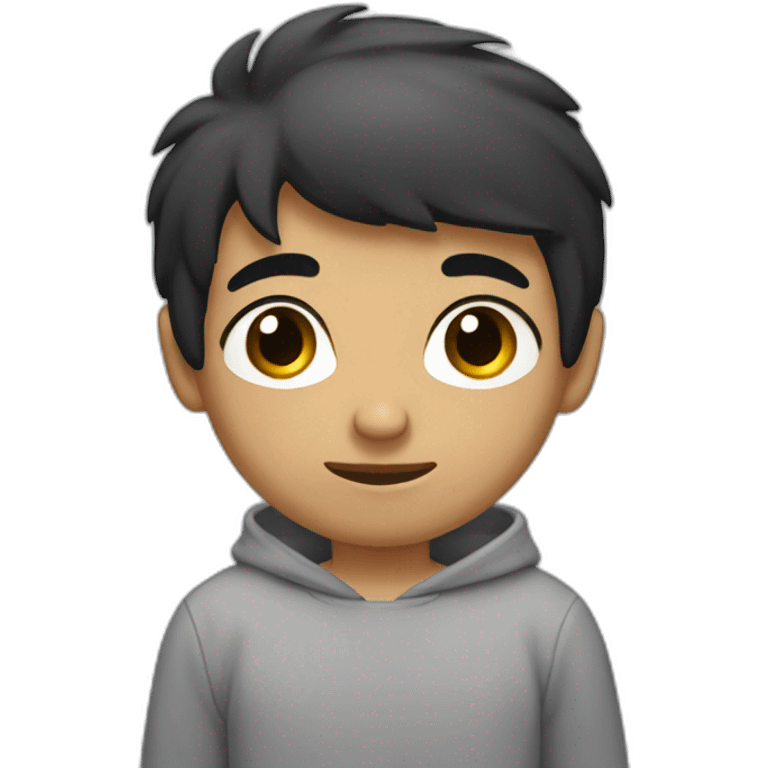 Boy with black hair, medium black eyes with a gray sweatshirt emoji